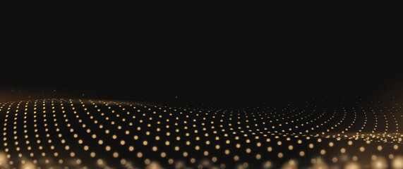 Gold dot lights wavy pattern with a black background. Luxury lights abstract the scene. Vector illustration