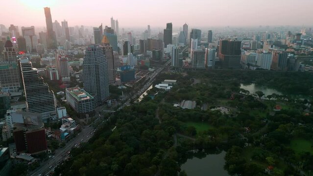 Aerial view city park with office building Bangkok Thailand
