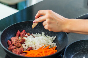 Close up shot of a beef, carrots and chopped onion in the pot. Meal