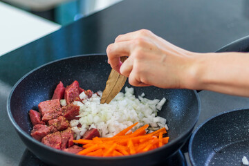 Close up shot of a beef, carrots and chopped onion in the pot. Meal