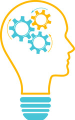 Head silhouette lightbulb inspiration concept set vector illustration. Creative graphic collection with head profile, gear machine and light bulb. Blue human silhouette technology background concept.