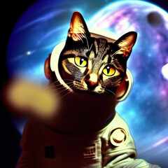 A cat in a spacesuit in open space against the background of stars and planets.