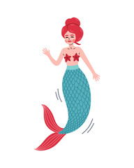 Red hair mermaid with blue red tail, swimming mermaid. Cute Mermaid vector, for t shirts or children books.
