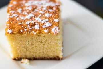 Close up shot of a baked cake. Food