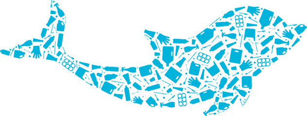 Stop ocean plastic pollution concept vector illustration. Dolphin marine animal outline filled with plastic trash flat icons isolated on white background. Prevent ocean pollution ecology concept © moonnoon