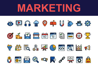 Marketing icon pack with outline color style