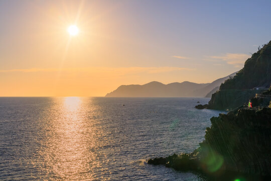 Sunset view onto the Mediterranean Sea in Riomaggiore in Cinque Terre, Italy