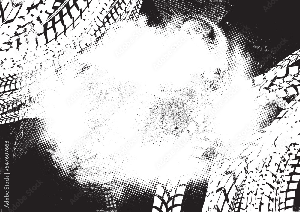Poster Vector Print Textured Tire Track banner. Design Element . Car tread silhouette . Mud splash grunge texture. Drift show