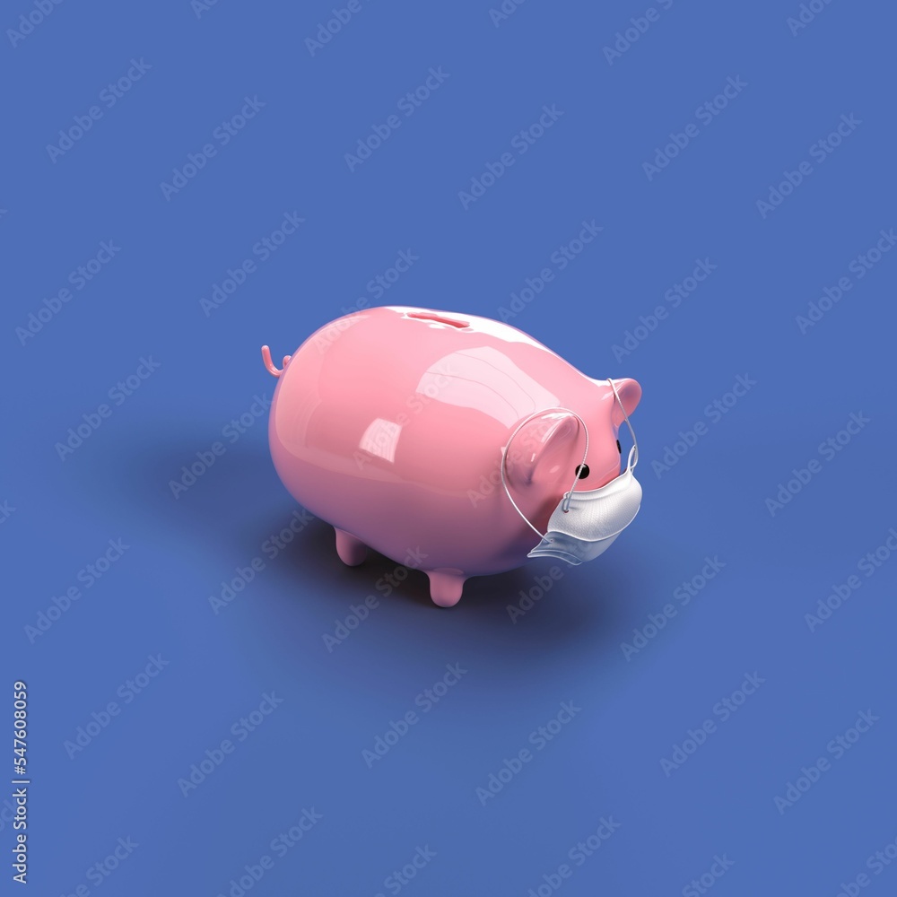 Sticker 3D illustration of a piggy bank with a mask on a blue background