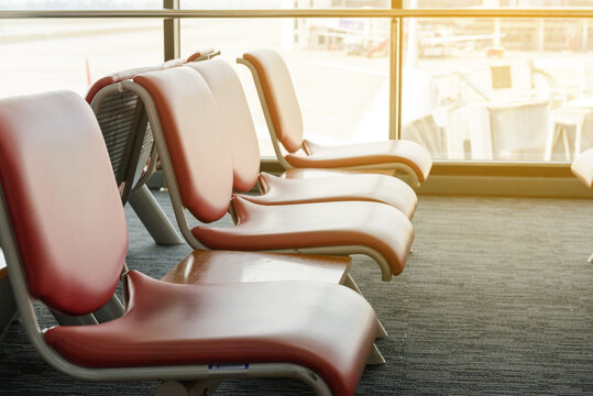 Departure Lounge With Empty Chairs In The Terminal Of Airport, Waiting Area