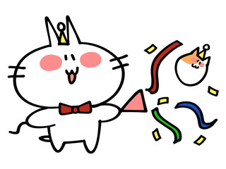 パーティーでクラッカーを鳴らすにゃんことハムスターのイラスト素材