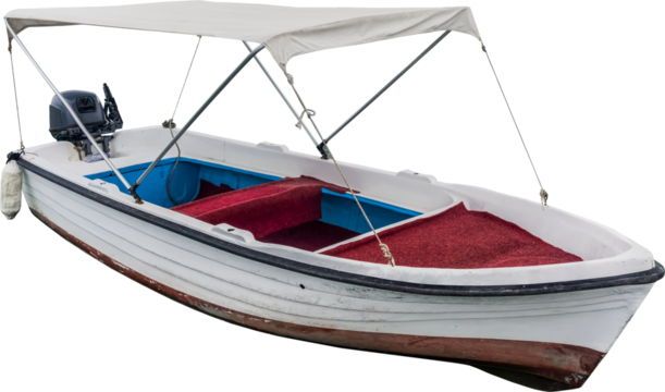 powerboat  isolated on a transparent background. white boat with awning.