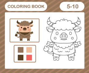 coloring book or page cartoon cute yak,education game for kids age 5 and 10 Year Old