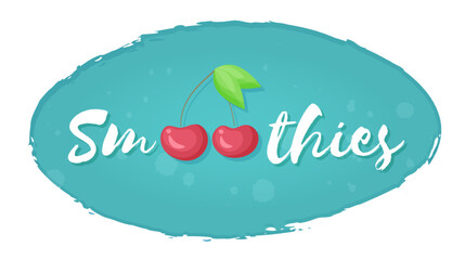 Fruit cherry smoothie shake sticker vector illustration. Hand drawn sign Smoothies on blue background on smoothie drink cocktail sticker for decoration shop label or promotion discount concept