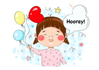 A little girl enjoys the holiday holding balloons in her hand and says hooray! Cute vector asian style birthday event illustration.