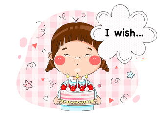 Cartoon cute girl celebrate Happy Birthday with cake and candles. The child makes a wish vector illustration with confetti background. 