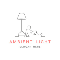 Floor lamp logo. Template of electric torchere for interior design, energy furniture business branding. Home equipment in modern style. Businessman sitting and relaxing near torchere