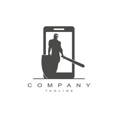 Knight with sword ,shield and mobile phone. Cyber security logo design isolated on white background.