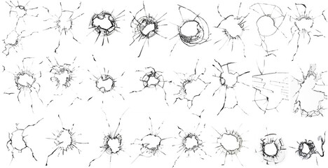 Big collection of cracks of broken glass on white background. 24 pictures in one picture. Concept...