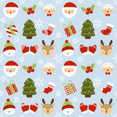 Seamless vector pattern for winter Merry Christmas and Happy New Year with Santa Claus, snowman, reindeer, Christmas tree, flower, gingerbread, gift, socks, gloves, and snowflakes on blue background