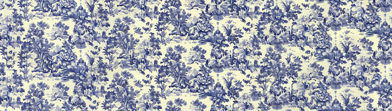 repeating and seamless blue toile pattern