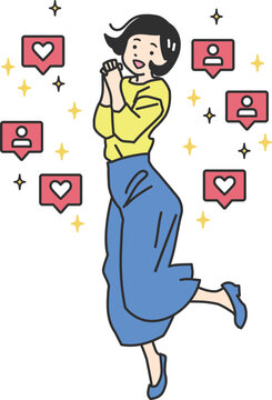 SNSでいいねやフォローを獲得して、ジャンプして喜ぶ女性のシンプルイラスト