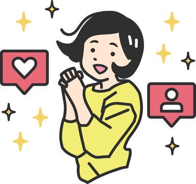 SNSでいいねやフォローを獲得して、ジャンプして喜ぶ女性のシンプルイラスト