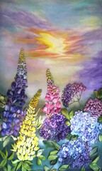 Fototapeta na wymiar Morning in the garden Silk ribbon embroidery on a hand painted background. Artwork with lupine and sunrise for design