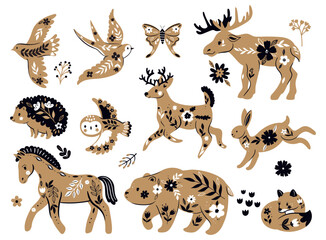 Set of stylized animals with floral ornaments isolated on white background.Vector graphics.