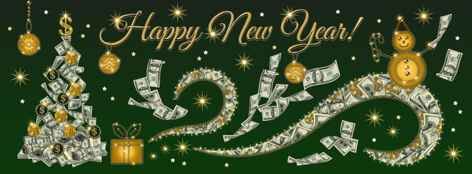 Poster holiday design with cash money Christmas tree made of 100 dollar banknotes, coins Happy snowman surfing on waves of money Flying, falling dollars bills, shiny stars, sparks on green background