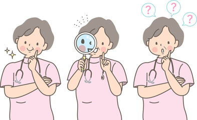 ふくよかな女性看護師の表情イラストセット