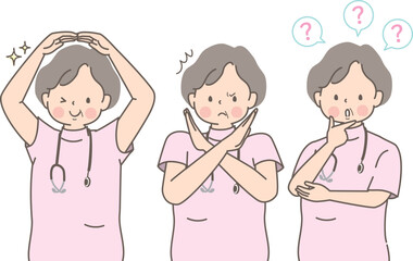 マルとバツ　ふくよかな女性看護師表情イラストセット