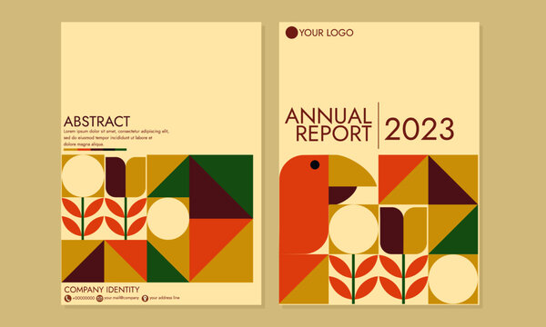 Bauhaus pattern cover design with geometric bird and plant shapes. retro design. A4 size for design books, catalogs, annual reports, flyers, posters, brochures, journals.