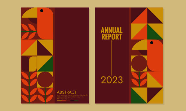Bauhaus pattern cover design with geometric bird and plant shapes. retro design. A4 size for design books, catalogs, annual reports, flyers, posters, brochures, journals.