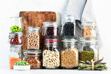 Legumes and beans. Dried, raw and fresh. Lentils, chickpeas, mung beans, soybeans, edamame, peas in...