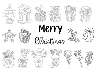 Christmas elements black line collection designed in doodle style for Christmas themed decoration, card design, art for kids, digital print, bag design, Scrapbook, coloring and more.