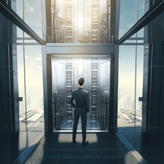 Fototapeta na wymiar Illustration about businessman looking at cityscape in elevator. Made by AI. Ultra high resolution.