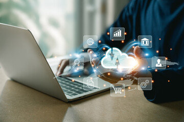 Bussiness  hand using cloud computin Storage and data transfer Cloud network , Cloud technology. Networking and internet service concept.