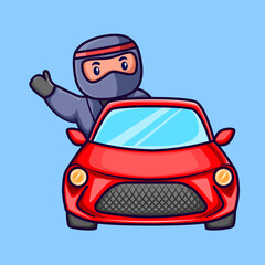 vector illustration of cute ninja driving a red car