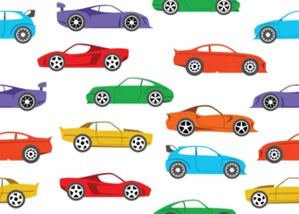Glasbilder Autorennen Seamless pattern with sport race cars. Endless fun cartoon children  background. Vector illustration.