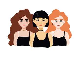 Vector women portraits. Asian girl, red head girl. Woman with curly hair. Fashion girl vector illustration.  - 547613687