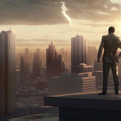 Fototapeta na wymiar Illustration about businessman with cityscape. Made by AI. Ultra high resolution.
