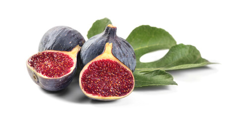 Ripe fig fruits with leaf close-up. Beautiful sweet fresh organic figs isolated on white...