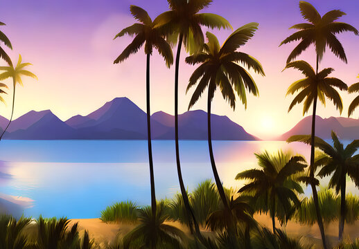 Landscape of tropical island with sea palm trees and mountains Design for banner and social media . Travel concept
