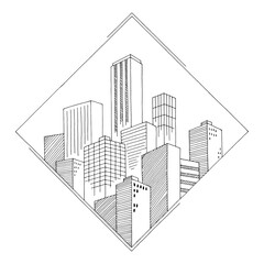 City graphic black white cityscape skyline sketch diamond frame illustration vector 
