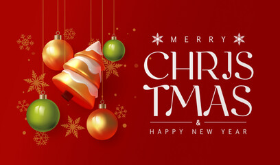 Simple Christmas modern background. Red background with gold Christmas tree and golden and green toys, sparkles and snowflakes. Place for text banner Merry Christmas and Happy New Year greeting card.