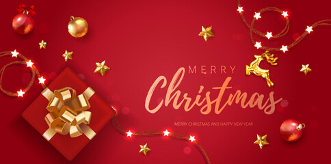 Merry Christmas and Happy New Year celebration card banner. Traditional holiday card with realistic red gift box, sparkling light garlands, Christmas balls, golden confetti and . Vector illustration
