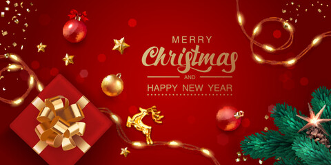 Merry Christmas and Happy New Year banner. Traditional holiday card with realistic red gift box, sparkling light garlands, Christmas balls, golden confetti and snowflakes. Vector illustration