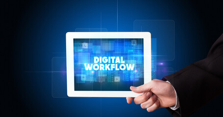 Person holding tablet, technology concept