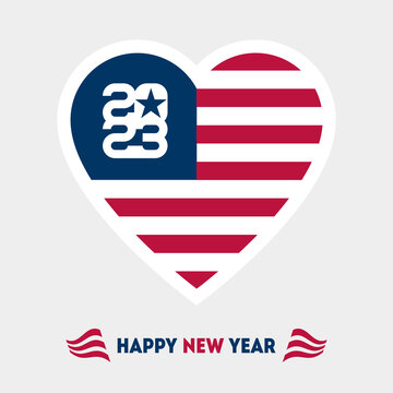 2023 - Happy new year. New Year greeting card with the US flag in the shape of a heart.